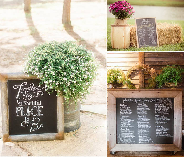 chalkboard decoration at rustic wedding
