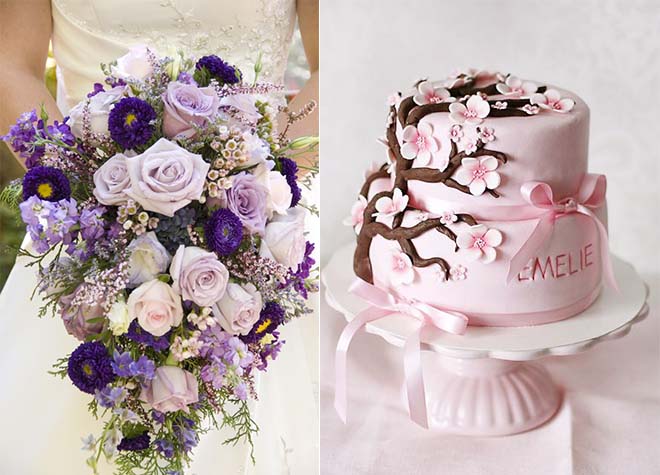 spring wedding cake and bouquet