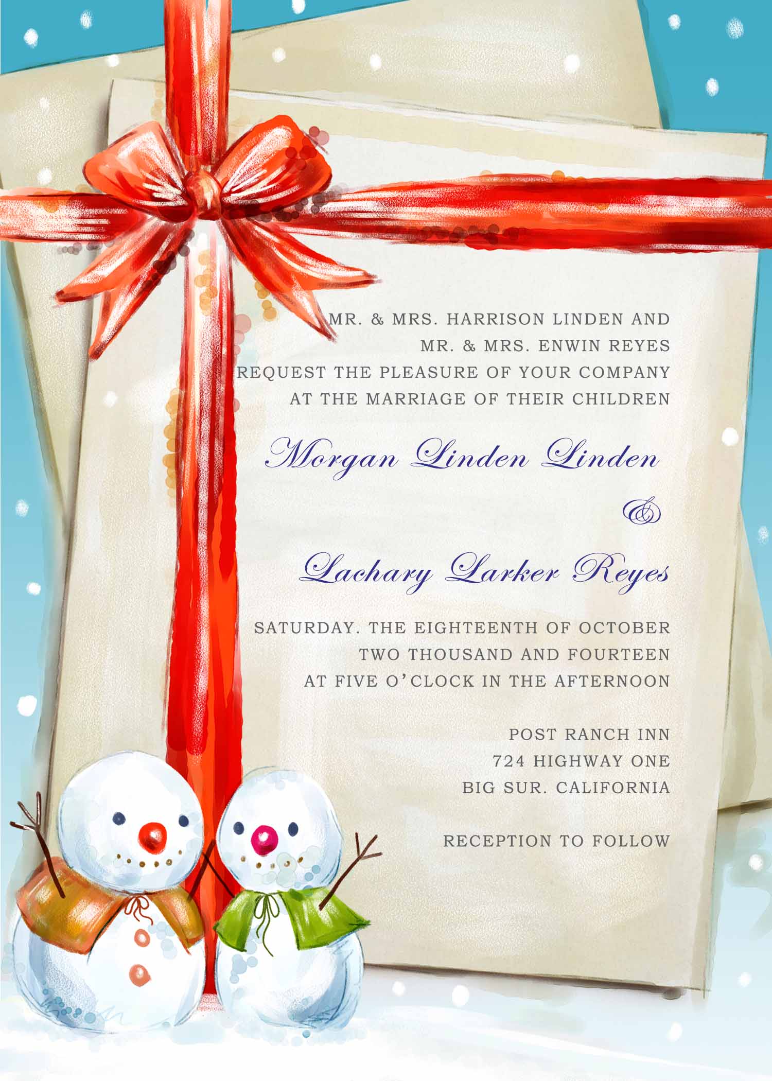 Red and Blue Snowman Winter Christmas Wedding Invitations HPI283