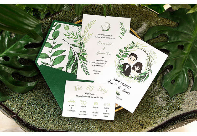 Forest Green Leaves Pocket Invitations for Wedding HPI296