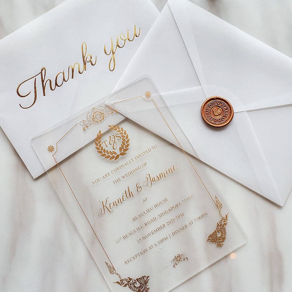 acrylic monogram wedding invitation with golden pattern