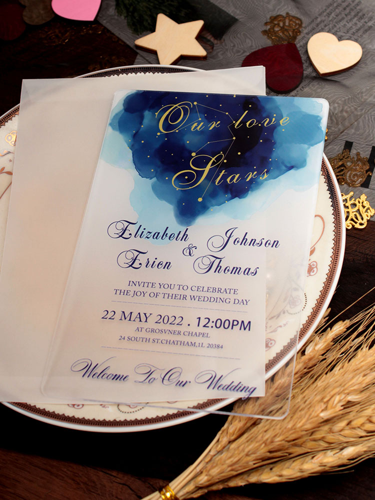 Ombre Blue Starry Night Acrylic Wedding Invitations HPI303