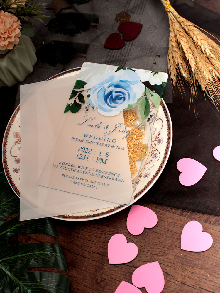 Big Blue Rose Transparent Acrylic Wedding Invites HPI305