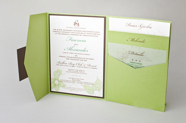 green pocket wedding invitation for spring wedding