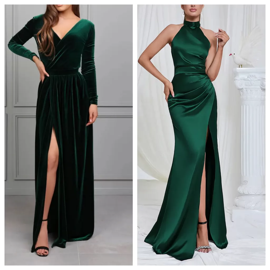 velvet vs satin emerald green bridesmaid dresses