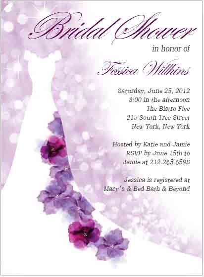 Purple Floral Wedding Dress Sketch Bridal Shower Invitation