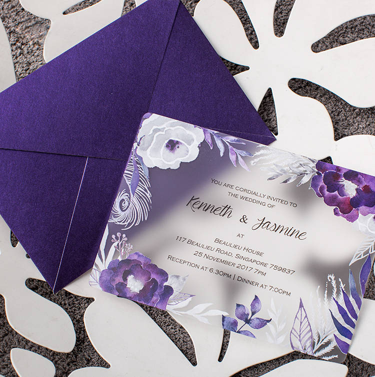 Purple Watercolor Flowers Acrylic Wedding Invitations HPI299