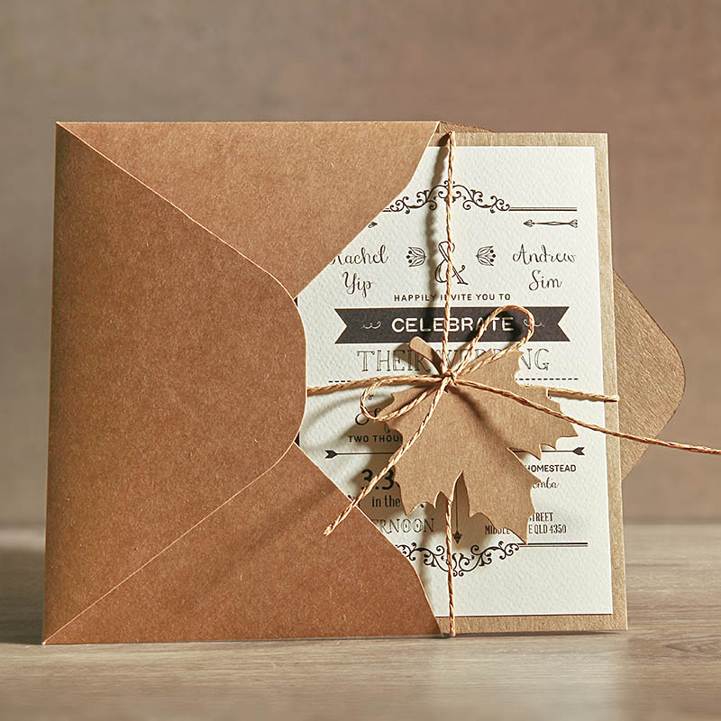 Vintage Brown Paper Maple Leaves Pocket Wedding Invitations HPI306