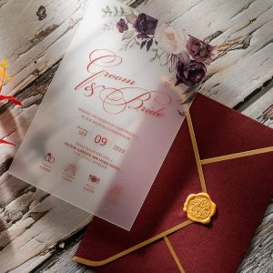 Crystal clear acrylic wedding invitation HPA287 with colorful pink watercolor cherry blossom flowers and elegant script text