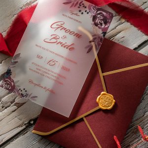 Crystal clear acrylic wedding invitation HPA287 with colorful pink watercolor cherry blossom flowers and elegant script text