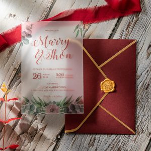 Frosted matte acrylic wedding invitation HPA288 with elegant black script, white flower and leaf borders, paired with a wine red envelope.