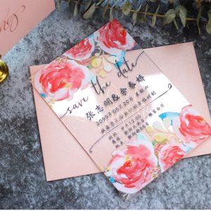 Crystal clear acrylic wedding invitation HPA292 with soft pink watercolor floral borders and elegant black script text