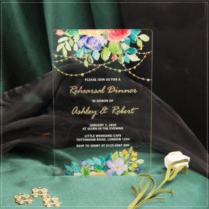 Premium 2mm thick clear acrylic wedding invitation HPI300 with rounded corners, colorful rural watercolor flowers, and custom script text