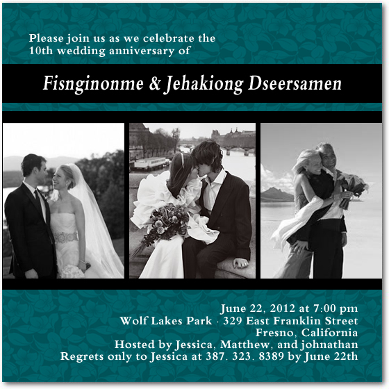 10th wedding anniversary invitation photo collage design teal floral background romantic couple images elegant layout
