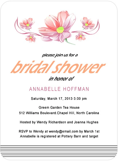 Bright and affordable flat bridal shower invitation HPB125 displaying a vibrant border of colorful springtime garden flowers surrounding custom text