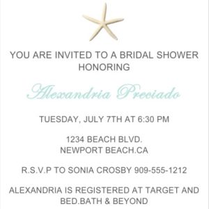 Beach bridal shower invitation featuring a starfish with aqua blue accents and elegant typography, perfect for a coastal or seaside wedding shower