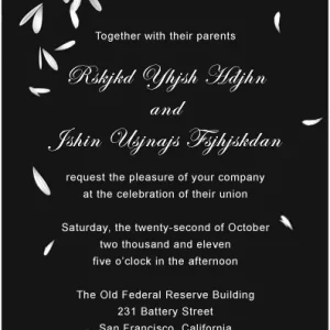 Elegant black wedding invitation with white floral petals and minimalist layout, featuring romantic script typography for a modern formal wedding