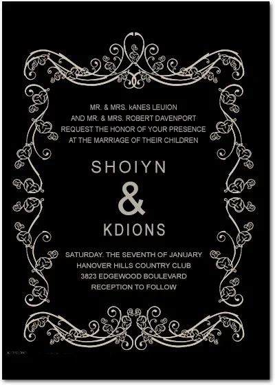 Elegant black wedding invitation with ornate vintage floral borders and symmetrical scrollwork, featuring a classic and formal layout for a luxury wedding