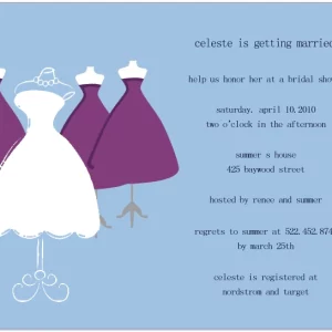 Elegant bridal shower invitation featuring illustrated wedding dresses on mannequins with a central white bridal gown, soft blue background, and minimalist layout for a stylish pre-wedding celebration