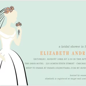 Elegant horizontal flat bridal shower invitation HPB123 featuring a minimalist bride figure gown sketch alongside custom script text