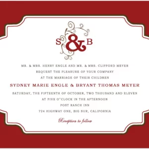 Classic red monogram wedding invitation with elegant vintage frame and formal typography design