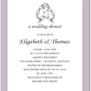 Elegant portrait flat bridal shower invitation HPB151 showcasing a classic interlocked couple rings graphic next to custom text fields
