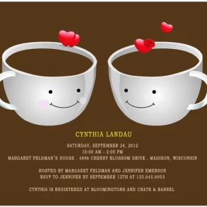 Cute bridal shower invitation featuring two smiling coffee mugs with heart accents on a brown background, playful and romantic design perfect for a cozy coffee-themed bridal or couples shower celebration