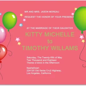 Colorful balloon wedding invitation with bright festive design and modern fun celebration theme