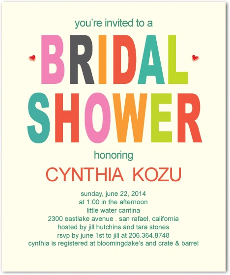 Modern bridal shower invitation featuring bold colorful typography spelling “bridal shower,” playful rainbow text design, minimalist layout, and contemporary style for a fun celebration
