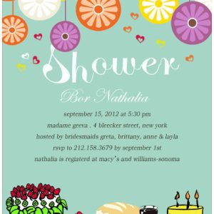 Colorful bridal shower invitation featuring hanging floral decorations, playful dessert illustrations including cake, cupcake, and wine, with a soft teal background and fun modern design for a festive celebration
