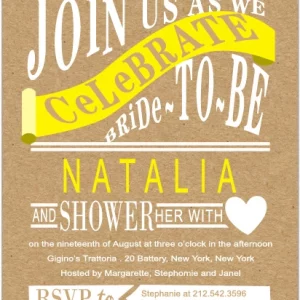 Modern flat bridal shower invitation HPB117 displaying a creative multi-directional word collage background framing custom event text