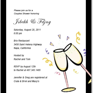 Modern couples bridal shower invitation featuring illustrated champagne glasses with confetti, elegant script typography, and minimalist layout for an engagement or couples shower celebration