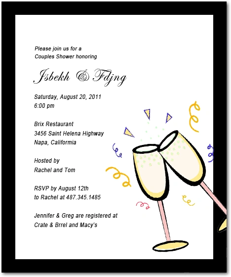 Modern couples bridal shower invitation featuring illustrated champagne glasses with confetti, elegant script typography, and minimalist layout for an engagement or couples shower celebration