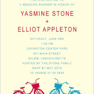 Modern wedding shower invitation featuring two colorful bicycles, minimalist typography, and a clean layout, perfect for a couples shower or engagement party celebration