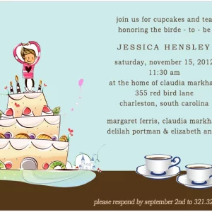 Cute bridal shower invitation featuring a whimsical tiered cake with a bride illustration on top, cupcakes and tea theme, soft pastel colors, and playful design for a bride-to-be celebration