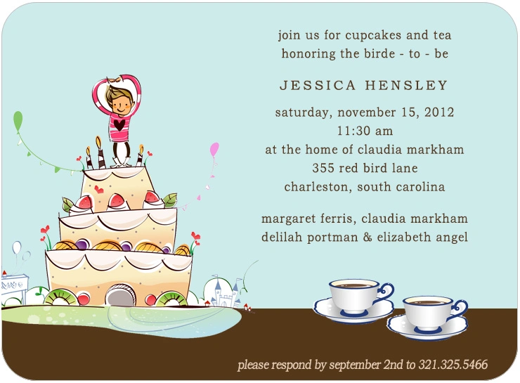 Cute bridal shower invitation featuring a whimsical tiered cake with a bride illustration on top, cupcakes and tea theme, soft pastel colors, and playful design for a bride-to-be celebration
