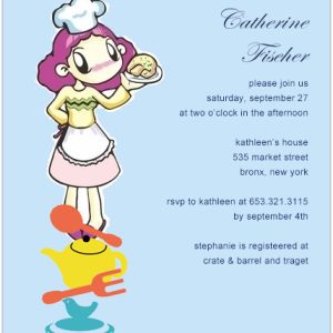 Cute bridal shower invitation featuring a cartoon chef girl holding baked goods with cupcake and kitchen elements, playful illustration style on a soft blue background for a fun baking-themed celebration