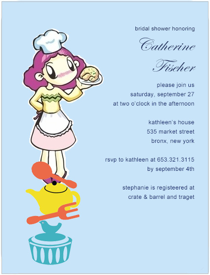 Cute bridal shower invitation featuring a cartoon chef girl holding baked goods with cupcake and kitchen elements, playful illustration style on a soft blue background for a fun baking-themed celebration