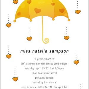 Whimsical bridal shower invitation featuring a yellow umbrella with hanging heart accents on a grey background, perfect for a cute and playful wedding shower theme