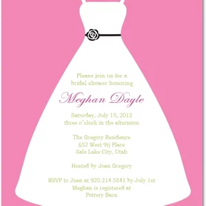Elegant flat bridal shower invitation HPB107 showcasing a hand-sketched A-line wedding gown with a floral belt alongside custom script text