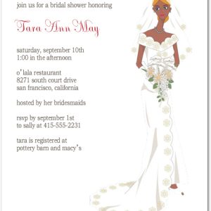 Elegant bridal shower invitation featuring a stylish illustrated bride in a detailed white wedding gown holding a bouquet, minimalist layout, and soft neutral background for a sophisticated celebration