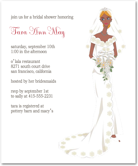Elegant bridal shower invitation featuring a stylish illustrated bride in a detailed white wedding gown holding a bouquet, minimalist layout, and soft neutral background for a sophisticated celebration
