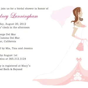 Charming landscape flat bridal shower invitation HPB149 showcasing a cute whimsical cartoon wedding dress graphic next to tailored text panels