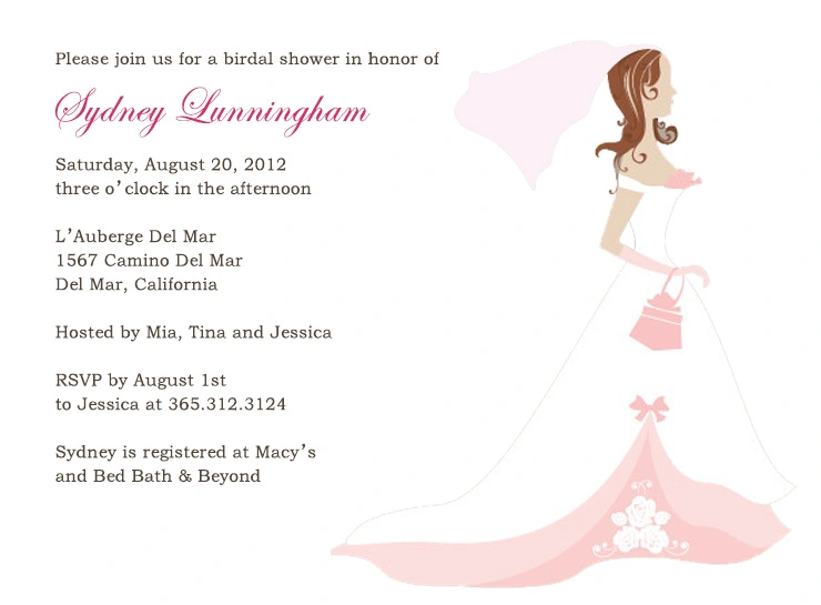 Charming landscape flat bridal shower invitation HPB149 showcasing a cute whimsical cartoon wedding dress graphic next to tailored text panels