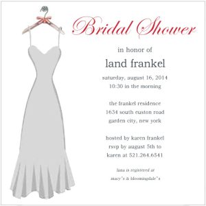 Elegant bridal shower invitation featuring a minimalist wedding dress silhouette hanging on a hanger, soft neutral background, and refined typography for a chic and modern bridal celebration