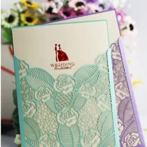 modern flower cut pocket invitation with couple sketch on the inner card