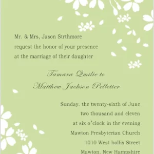 Elegant green floral wedding invitation with soft white blossoms and minimalist spring design