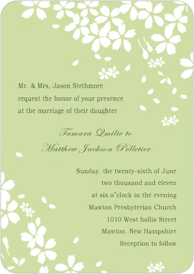 Elegant green floral wedding invitation with soft white blossoms and minimalist spring design