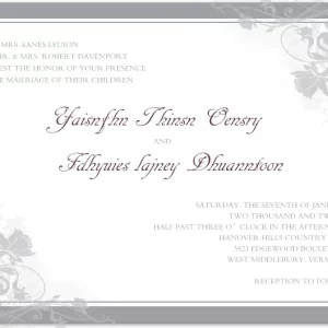 Elegant grey wedding invitation with soft floral corner designs and classic script typography, ideal for formal and timeless wedding themes