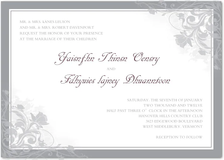 Elegant grey wedding invitation with soft floral corner designs and classic script typography, ideal for formal and timeless wedding themes